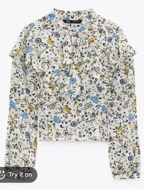 Zara Floral Satin Blouse in Cream, Blue & Gold